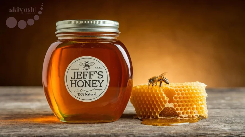 ขวดน้ำผึ้งที่มีฉลาก 'Jeff's Honey' วางอยู่ข้างๆ รวงผึ้ง แสดงถึงการใช้ฉลากวัสดุ BOPP ที่ทนทานต่อความชื้นและน้ำมัน