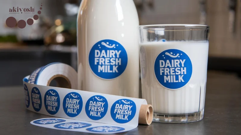 ขวดนมและแก้วนมที่มีสติกเกอร์ 'Dairy Fresh Milk' วางอยู่ข้างม้วนสติกเกอร์ที่พิมพ์เหมือนกัน แสดงถึงการออกแบบฉลากที่สะอาดและเป็นมืออาชีพ