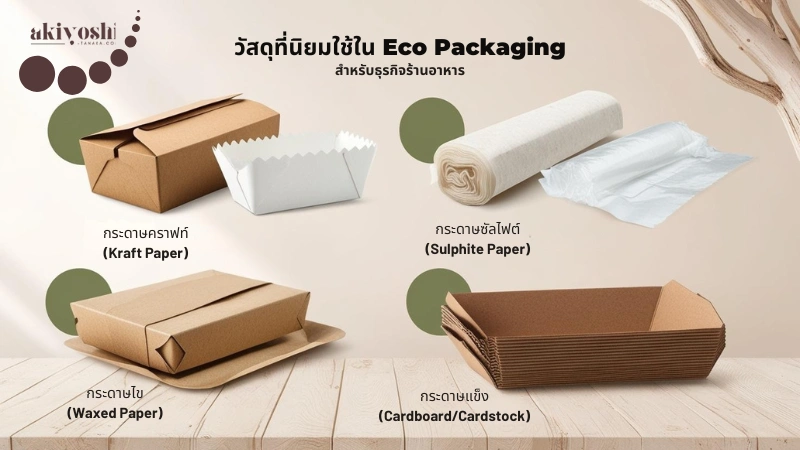 วัสดุที่นิยมใช้ใน Eco Packaging สำหรับร้านอาหาร เช่น กระดาษคราฟท์ กระดาษซัลไฟต์ กระดาษไข และกระดาษแข็ง